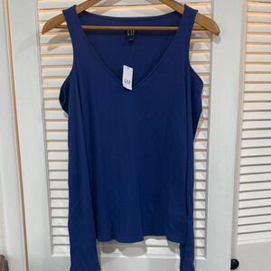 GAP Women's Blue Open Shoulder Long Sleeve Ribbed Top
